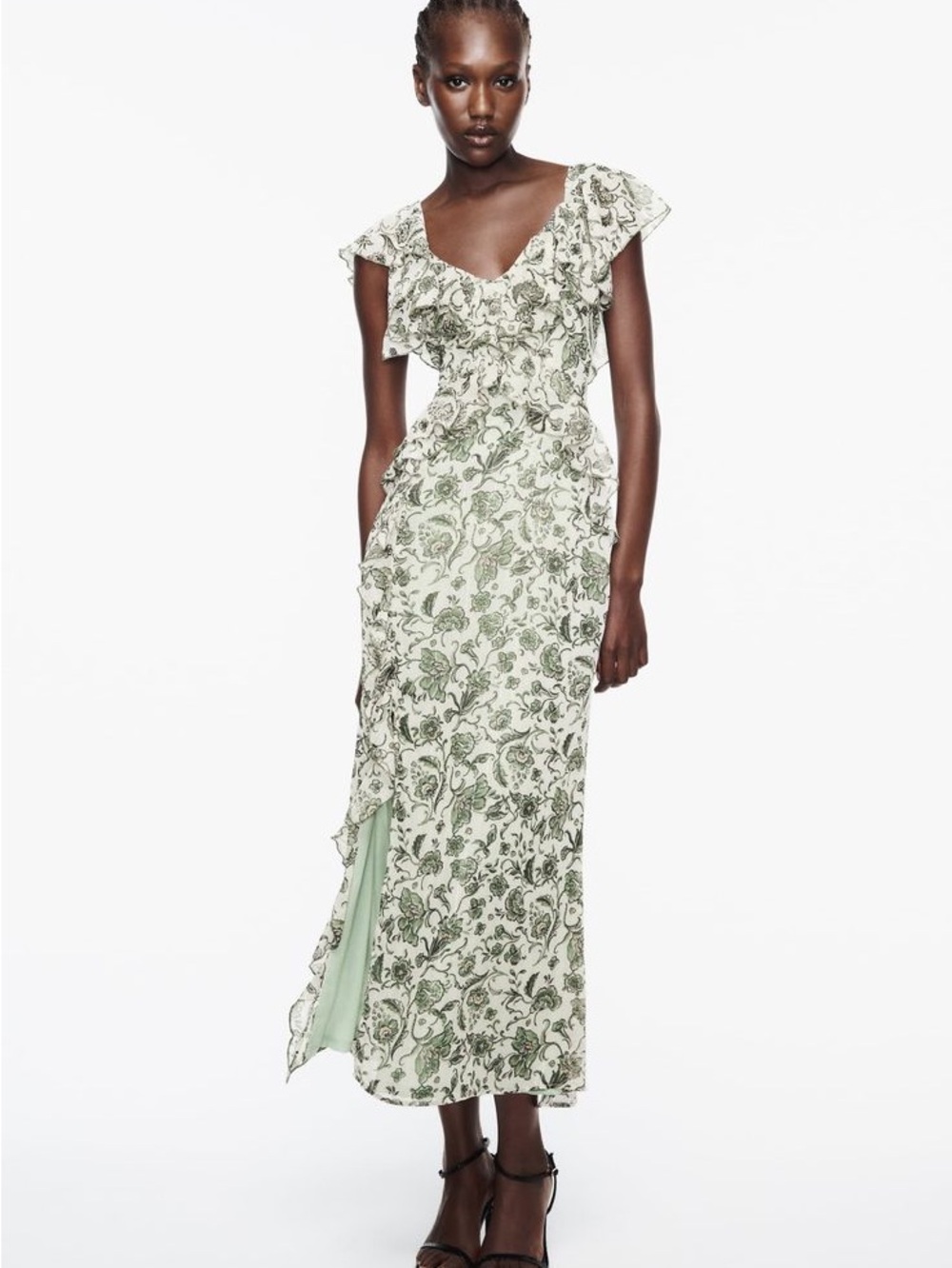 Zara Green and Cream Floral Maxi Dress